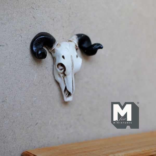 Miniature Ram Goat Sheep Skull Dollhouse Wall Art Decoration 11/16 inch wide (cast resin) (beige black) - H050