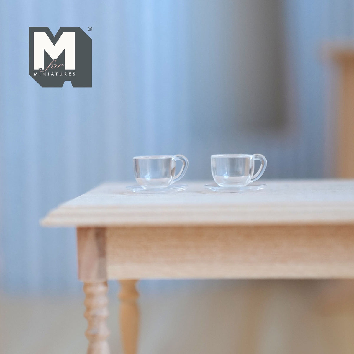 Dollhouse Tea Cups and Plates Set of 2 , 1:12 Scale Miniature Clear Teacups and Plates (plastic) - H023