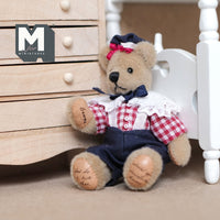 Miniature Bear in Jumpsuit Shoulder Straps and Neck Ribbon 1:12 Scale Dollhouse Plush Toy Movable Limbs 2-15/16 inch tall (from WMB) - H047