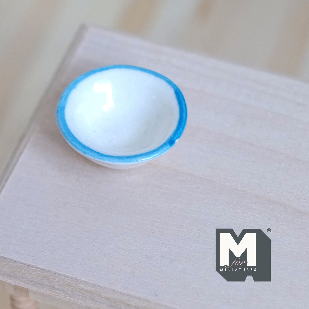 1:12 Scale Miniature Ceramic Bowl, 1-1/8 inch dia., DIY Dollhouse Supply (white and light blue)