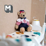 Miniature Bear in Jumpsuit Shoulder Straps and Neck Ribbon 1:12 Scale Dollhouse Plush Toy Movable Limbs 2-15/16 inch tall (from WMB) - H047