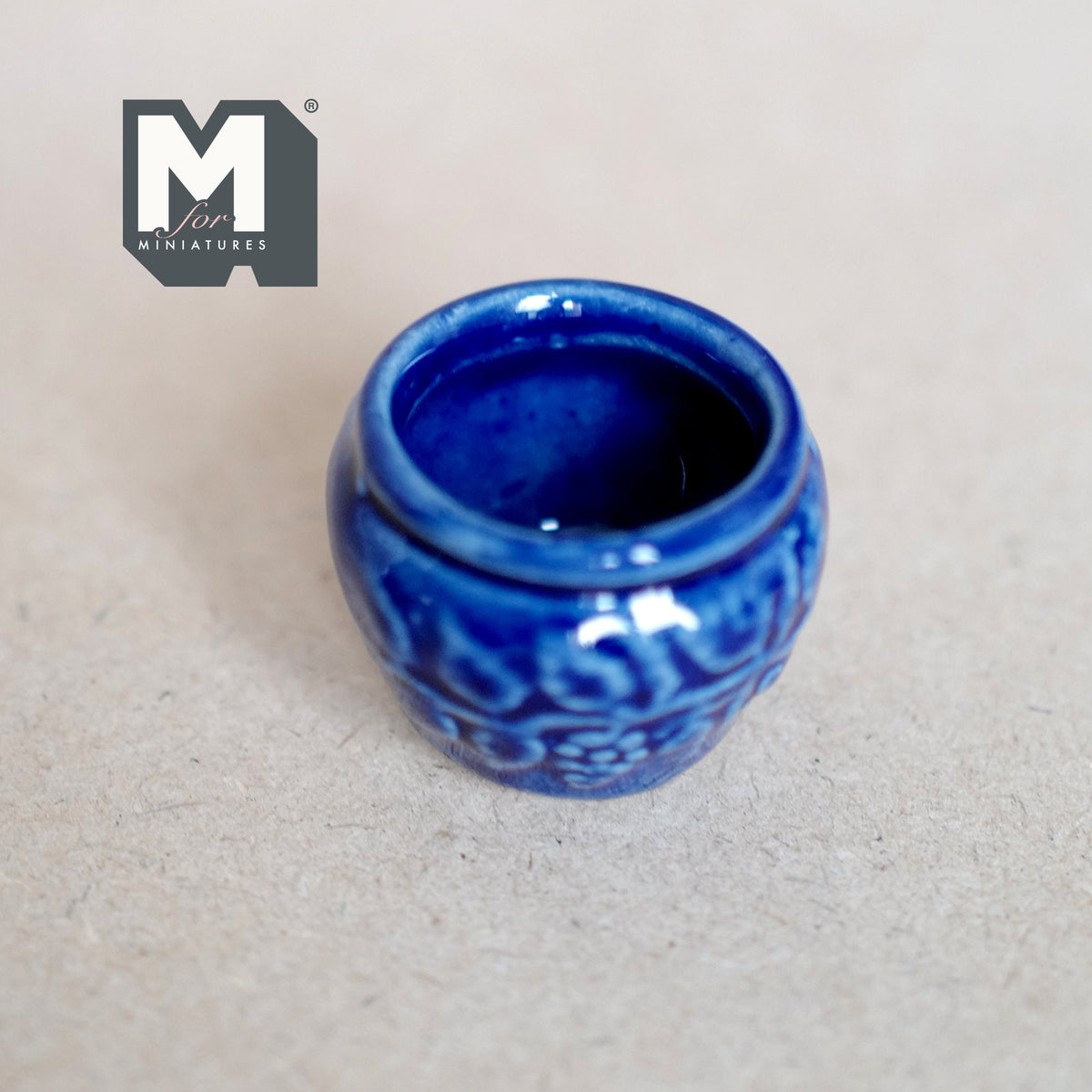 1:12 Scale Miniature Ceramic Planter Pot, Cobalt Blue with Embossed Band, 1-1/4 inch tall, DIY Dollhouse Supply (large)
