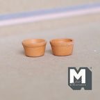 1:12 scale miniature brown terracotta clay flower pots with rolled rim, set of 2, shown on a tan surface