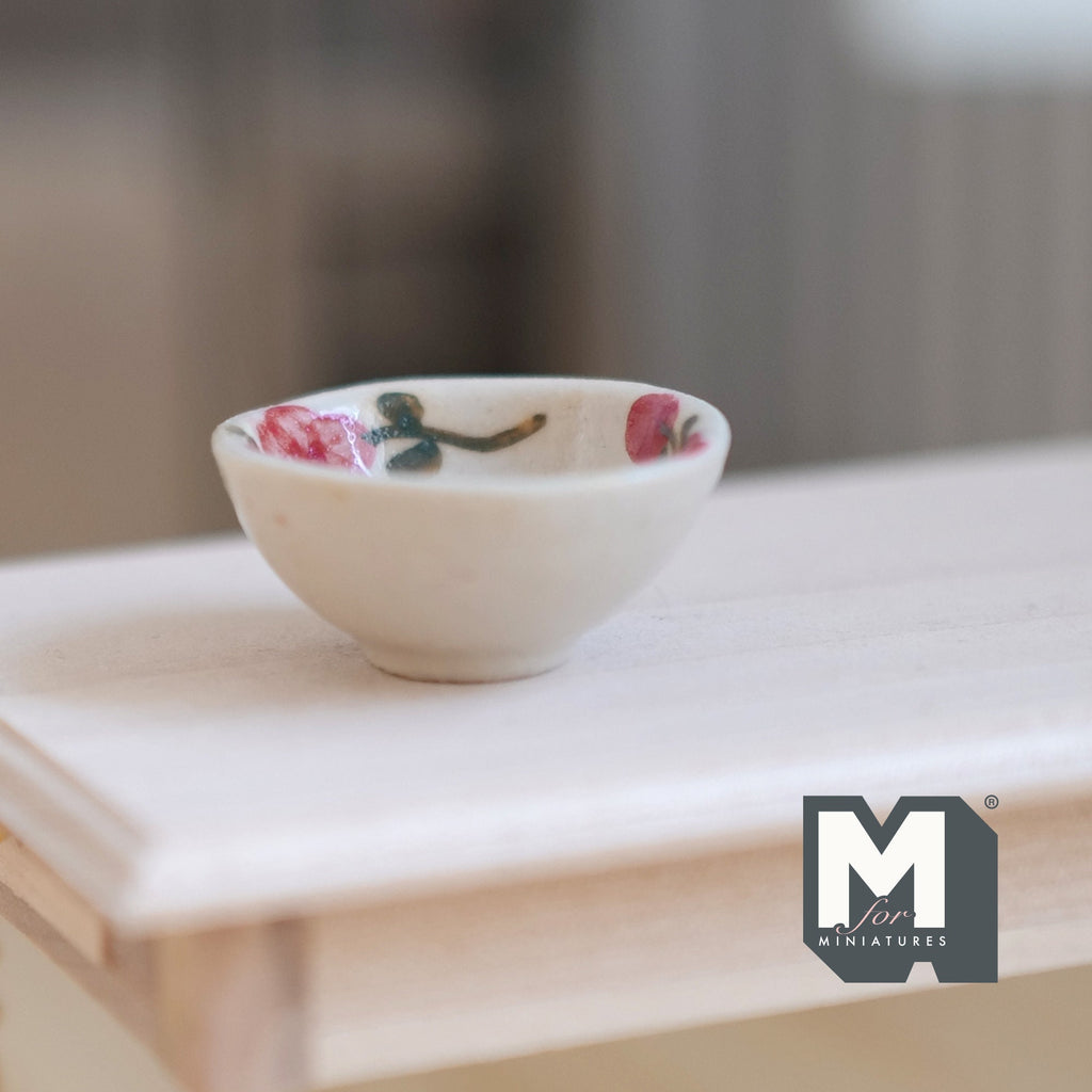 1:12 Scale Miniature Ceramic Bowl with Rose Pattern, 1-3/16 inch dia., DIY Dollhouse Supply (pink)