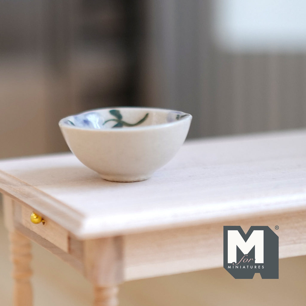 1:12 Scale Miniature Ceramic Bowl with Leaf Pattern, 1-3/16 inch dia., DIY Dollhouse Supply (light blue)