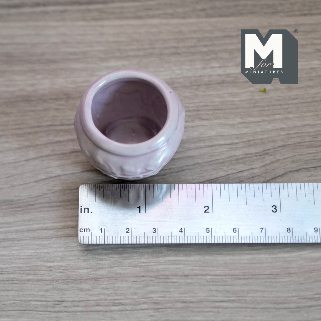 1:12 Scale Miniature Ceramic Flower Pot, Embossed Floral Pattern, Large Size, 1-1/4 inch tall, DIY Dollhouse Supply (light purple)