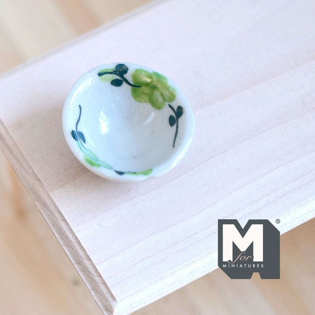 1:12 Scale Miniature Ceramic Bowl with Leaf Pattern, 1-3/16 inch dia., DIY Dollhouse Supply (green)