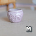 1:12 scale miniature ceramic flower pot in light purple with embossed floral pattern, large size, shown empty