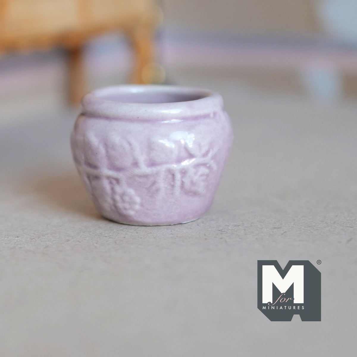 1:12 Scale Miniature Ceramic Flower Pot, Embossed Floral Pattern, Large Size, 1-1/4 inch tall, DIY Dollhouse Supply (light purple)