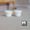 1:12 scale miniature terracotta clay flower pots in cream white, set of 2, shown empty side by side on a floor