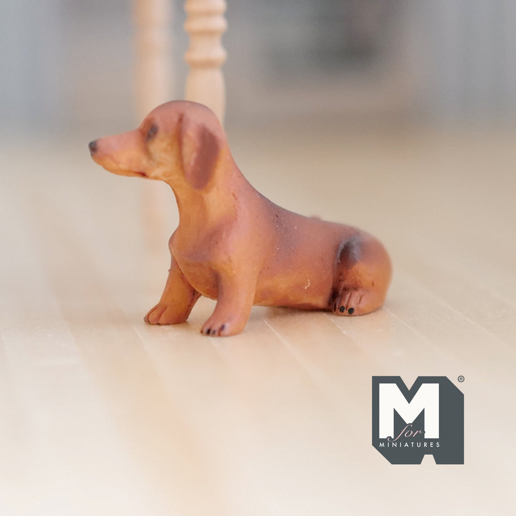 1:12 Scale Miniature Sitting Dachshund Dog, 1-7/8 inch long, DIY Dollhouse Supply (cast resin) (brown)