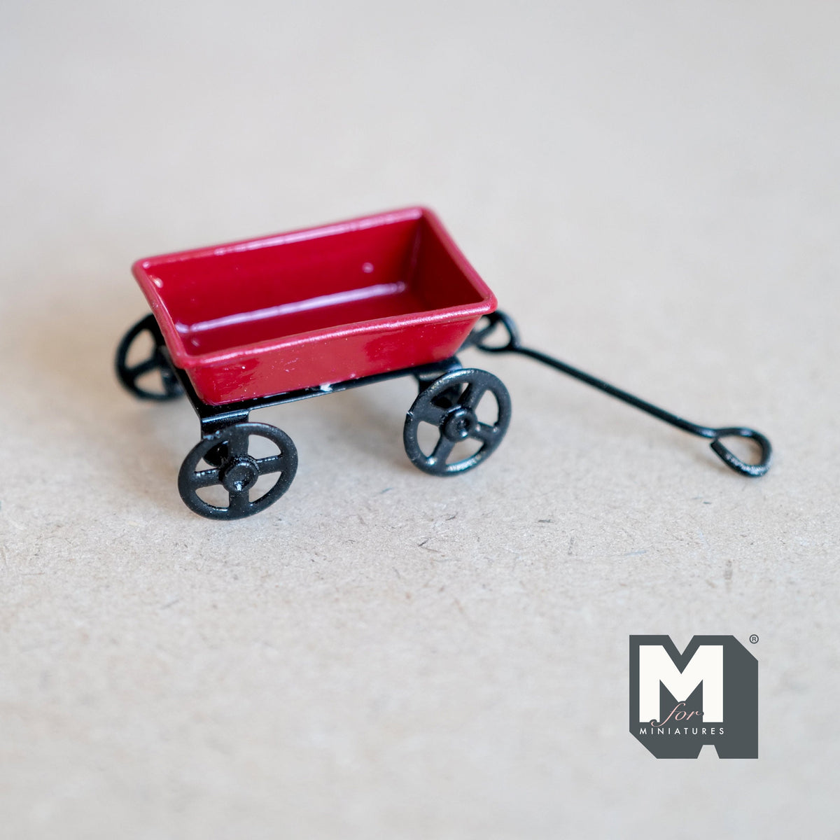 1:12 Scale Miniature Metal Pull Wagon, Turning Handle, 1-1/2 inch long, DIY Dollhouse Supply (red)