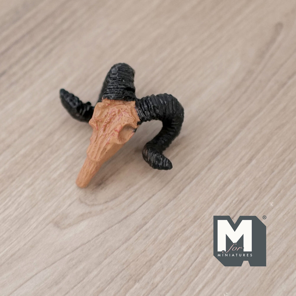1:12 Scale Miniature Ram Skull, Curled Horns, 1-11/16 inch wide, DIY Dollhouse Supply (cast resin) (brown and black)
