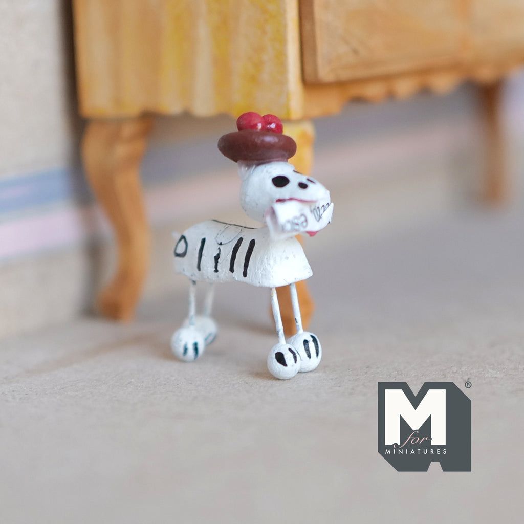 1:12 Scale Miniature Calaveras Dog Figurine with Red Hat, 1-3/8 inch long, DIY Dollhouse Supply (white)
