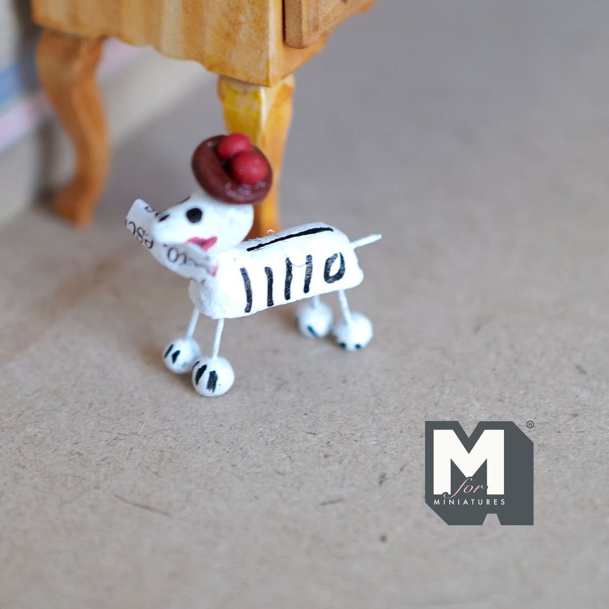 1:12 Scale Miniature Calaveras Dog Figurine with Red Hat, 1-3/8 inch long, DIY Dollhouse Supply (white)