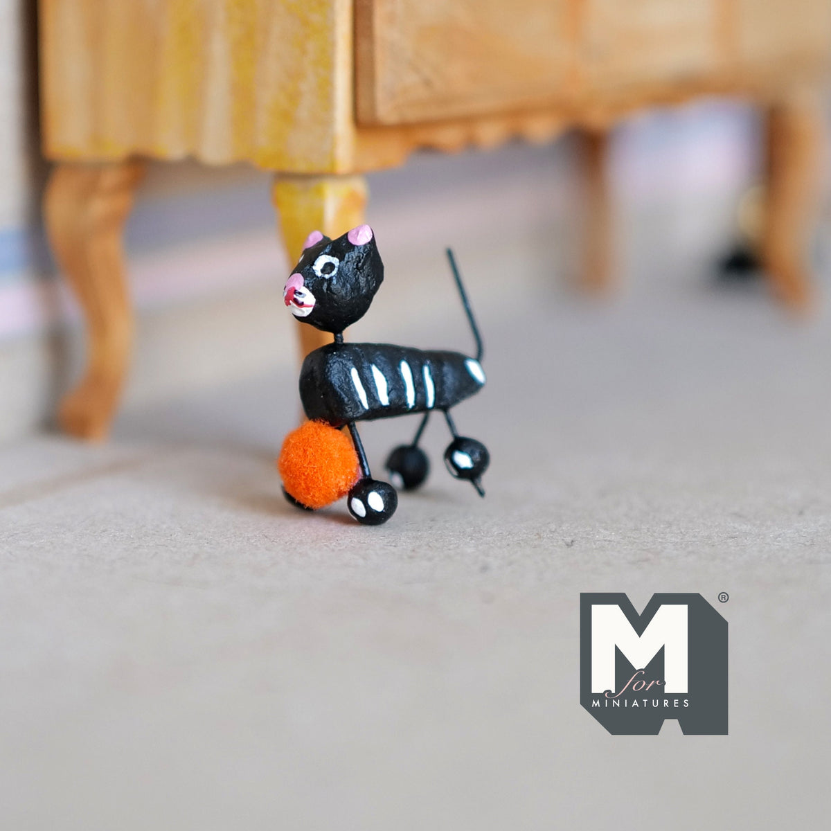 1:12 Scale Miniature Calaveras Cat Figurine with Pink Bow and Ball, 1-3/16 inch long, DIY Dollhouse Supply (black)