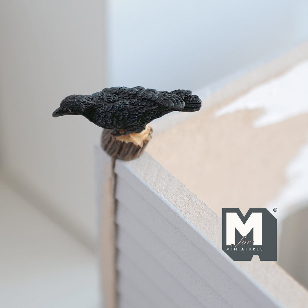 1:12 Scale Miniature Crow on Tree Stump, 1-9/16 inch long, DIY Dollhouse Supply (cast resin)