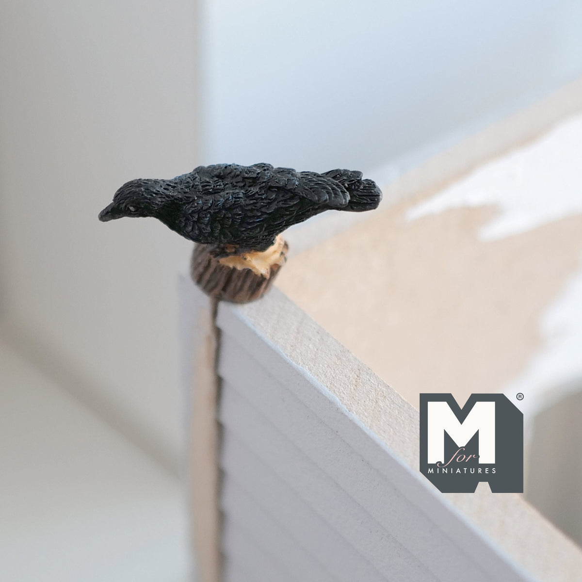 1:12 Scale Miniature Crow on Tree Stump, 1-9/16 inch long, DIY Dollhouse Supply (cast resin)