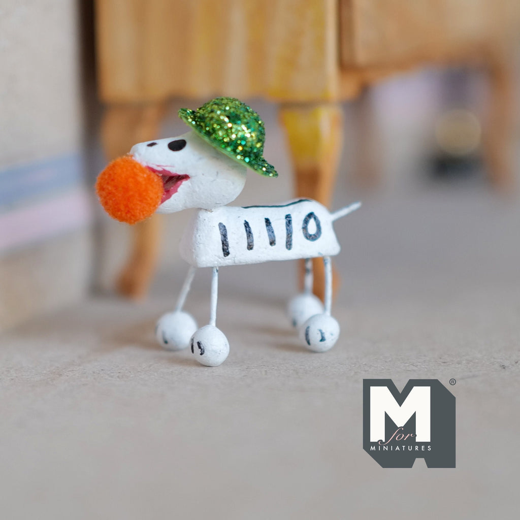 1:12 Scale Miniature Calaveras Dog Figurine with Red Nose, 1-9/16 inch long, DIY Dollhouse Supply (white)