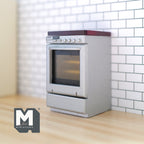 1:12 scale miniature silver induction range with oven, 4 burners and glass oven door, shown against a white tile wall