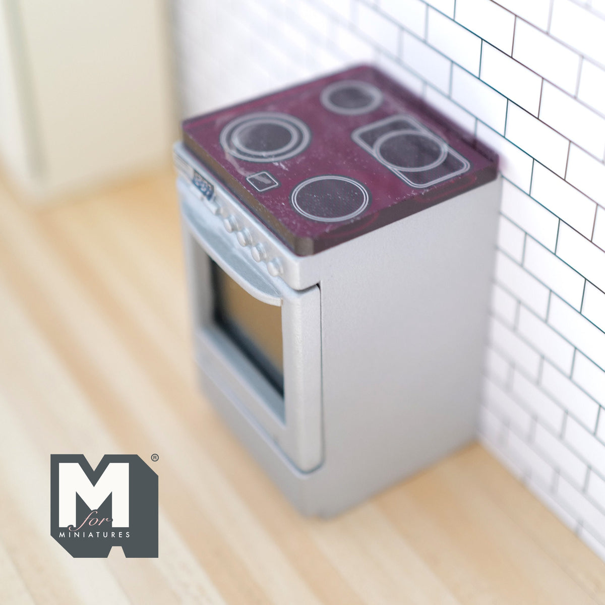 1:12 Scale Miniature Induction Range with Oven, 4 Burners, 3-5/16 inch tall, DIY Dollhouse Supply (silver)