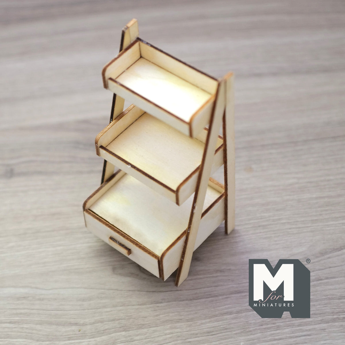 1:12 Scale Miniature Unpainted Wood Planter Shelf, 3 Tiers with Drawer, 4-5/16 inch tall, DIY Dollhouse Supply