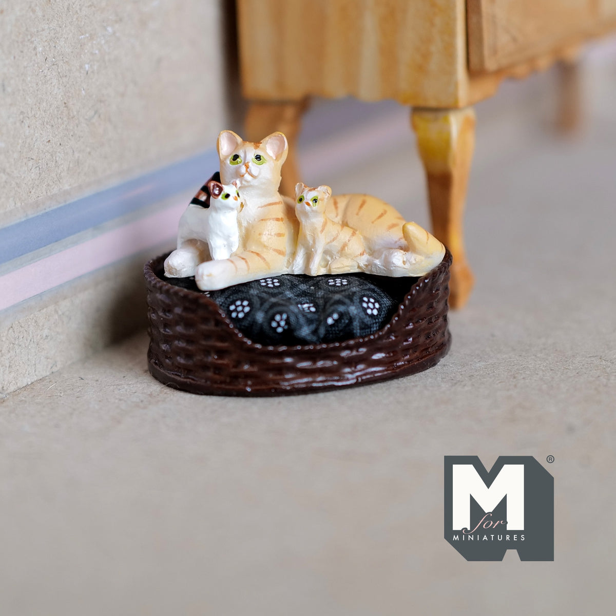 1:12 Scale Miniature Orange Tabby Cat with 2 Kittens, Lying, 1-5/8 inch long, DIY Dollhouse Supply (cast resin) (bed sold separately)