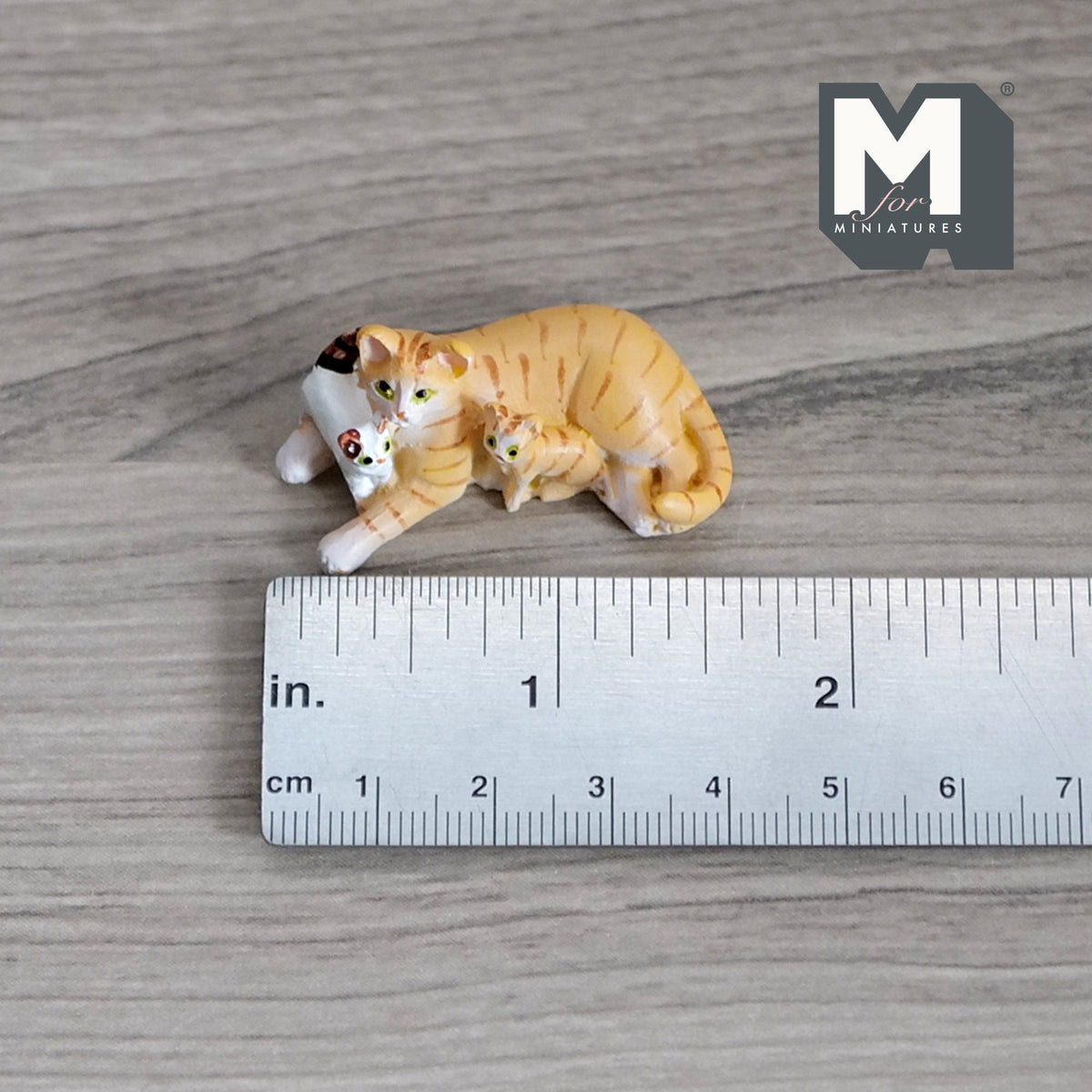 1:12 Scale Miniature Orange Tabby Cat with 2 Kittens, Lying, 1-5/8 inch long, DIY Dollhouse Supply (cast resin) (bed sold separately)