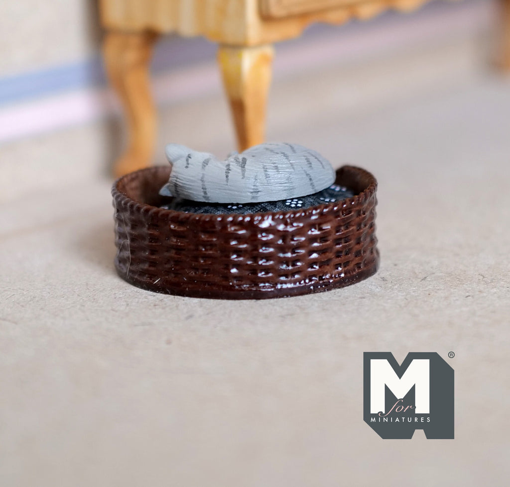 1:12 Scale Miniature Sleeping Gray Tabby Cat, Curled Up, 1-3/16 inch long, DIY Dollhouse Supply (cast resin) (bed sold separately)