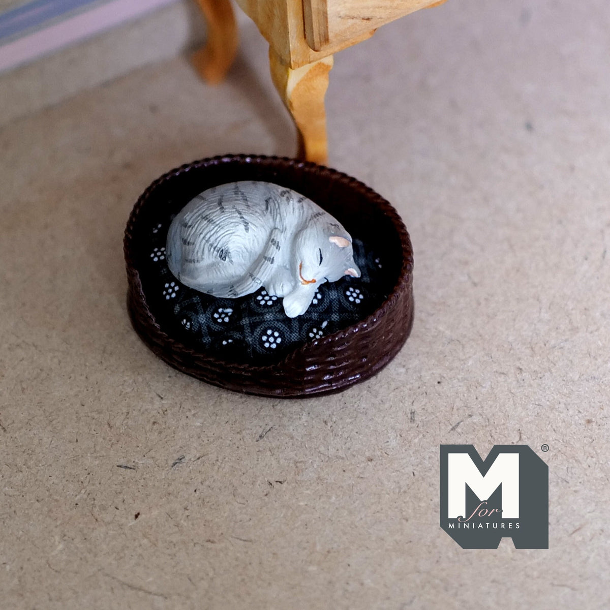1:12 Scale Miniature Sleeping Gray Tabby Cat, Curled Up, 1-3/16 inch long, DIY Dollhouse Supply (cast resin) (bed sold separately)