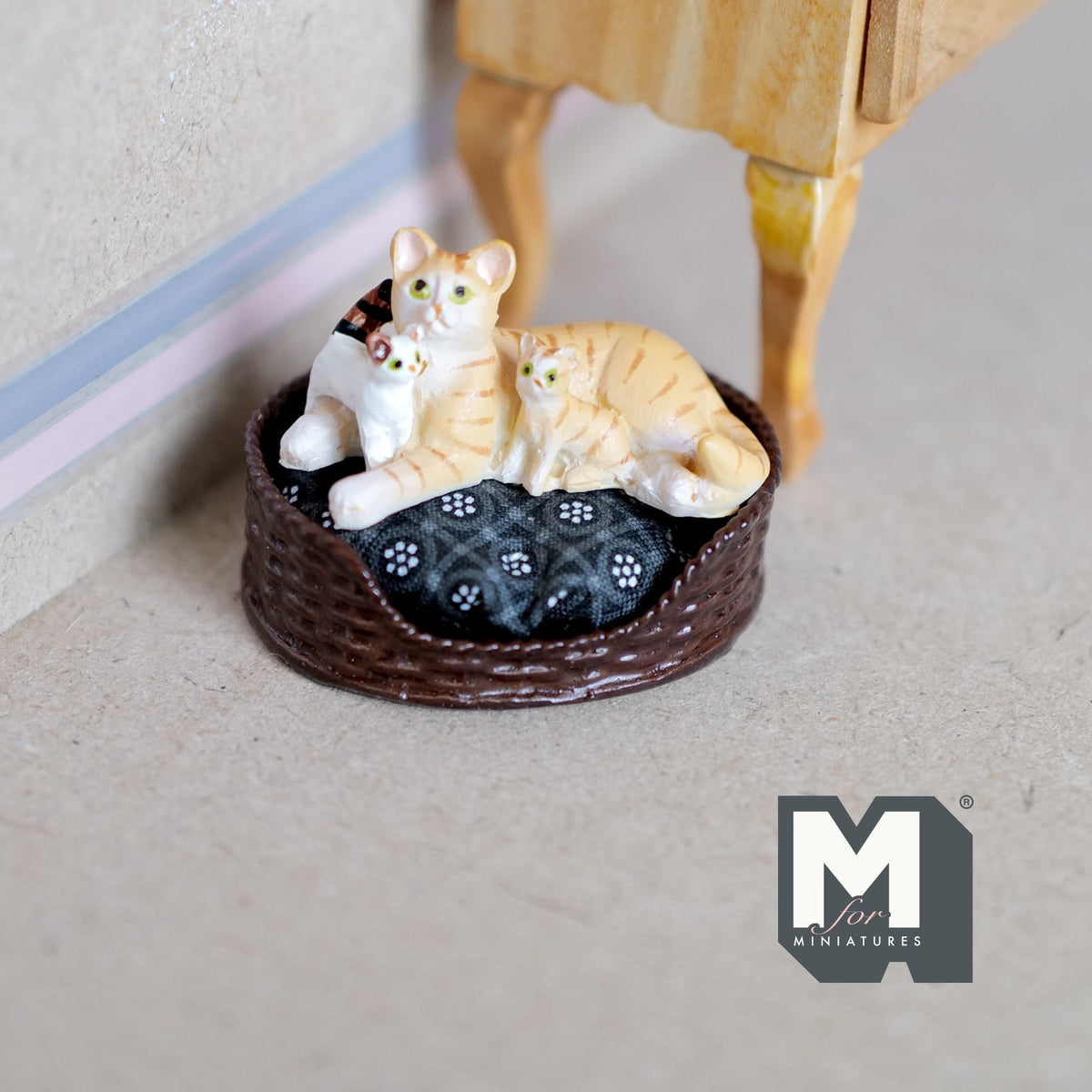 1:12 Scale Miniature Orange Tabby Cat with 2 Kittens, Lying, 1-5/8 inch long, DIY Dollhouse Supply (cast resin) (bed sold separately)