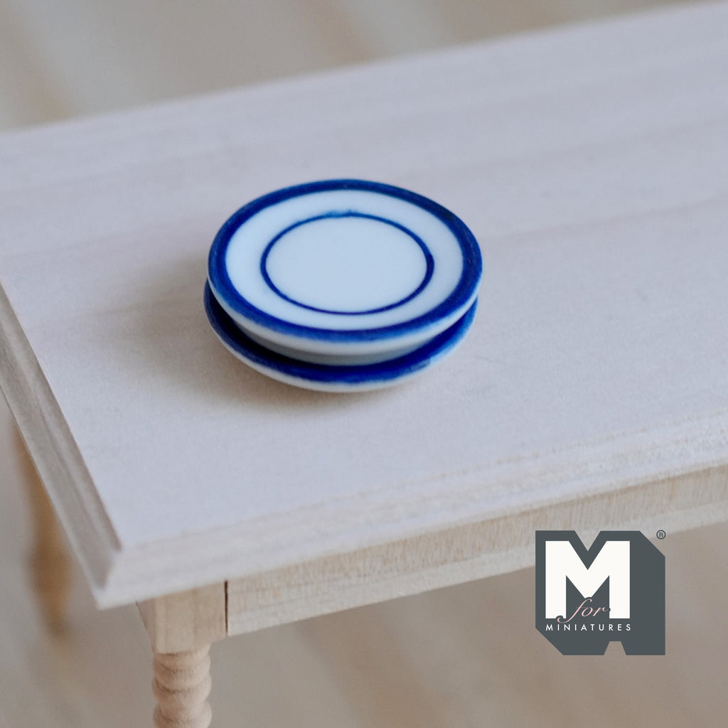 1:12 Scale Miniature Ceramic Plates, Colored Rim, Set of 2, 1 inch dia., DIY Dollhouse Supply (blue)