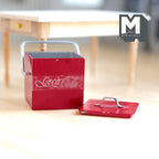 1:12 scale miniature metal picnic soda cooler in red with removable lid and carry handle, shown on a white floor
