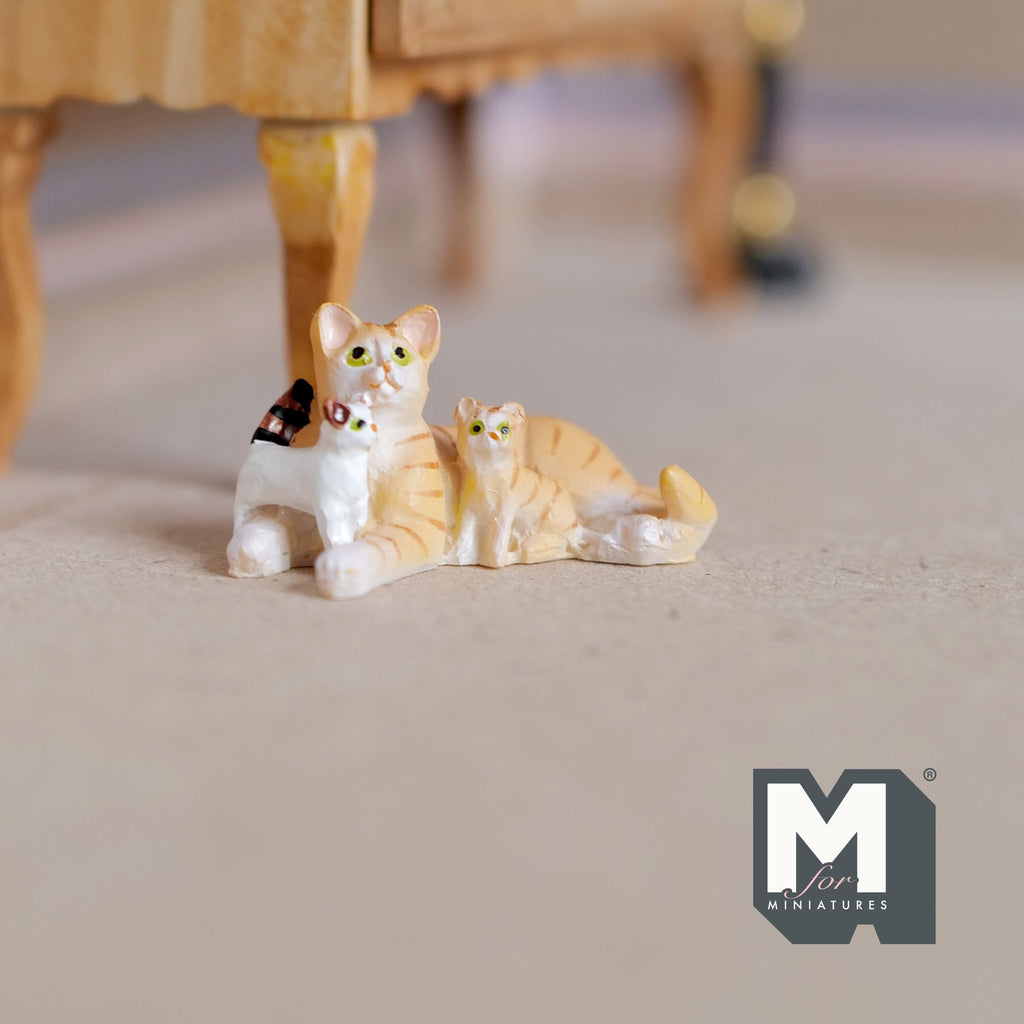 1:12 Scale Miniature Orange Tabby Cat with 2 Kittens, Lying, 1-5/8 inch long, DIY Dollhouse Supply (cast resin) (bed sold separately)