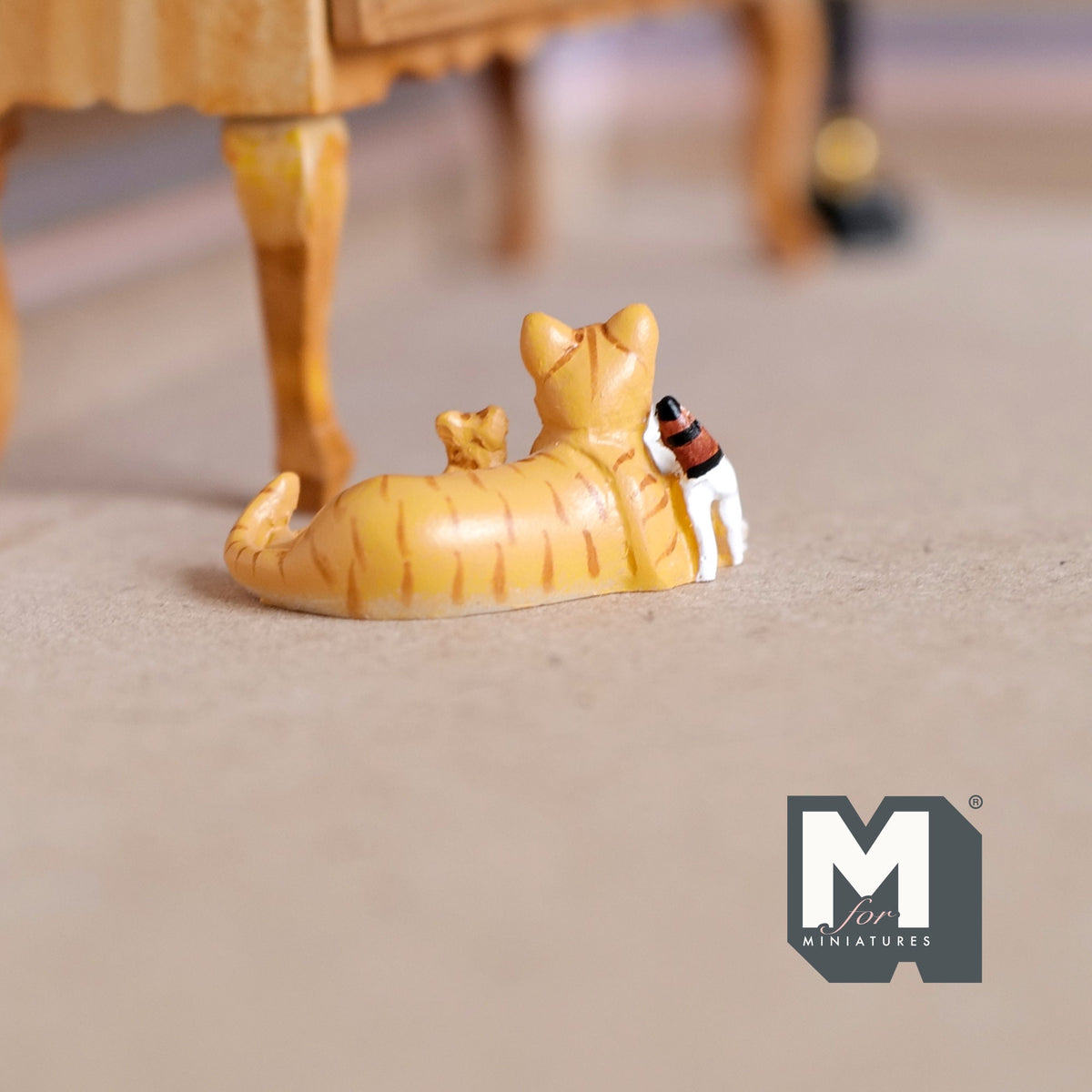 1:12 Scale Miniature Orange Tabby Cat with 2 Kittens, Lying, 1-5/8 inch long, DIY Dollhouse Supply (cast resin) (bed sold separately)