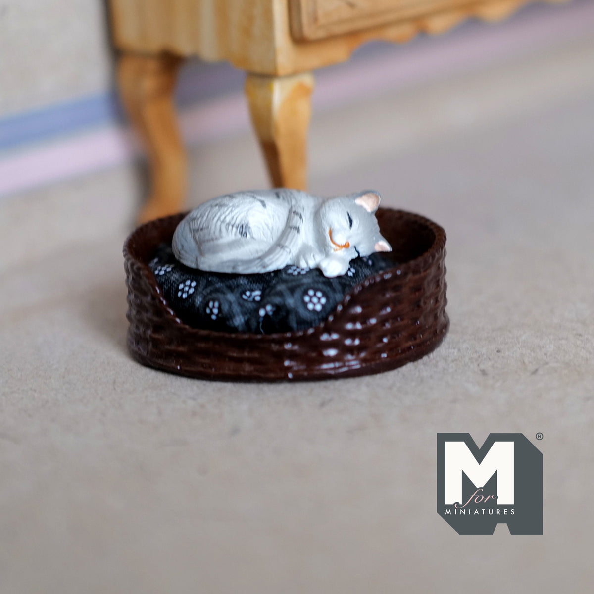 1:12 Scale Miniature Sleeping Gray Tabby Cat, Curled Up, 1-3/16 inch long, DIY Dollhouse Supply (cast resin) (bed sold separately)