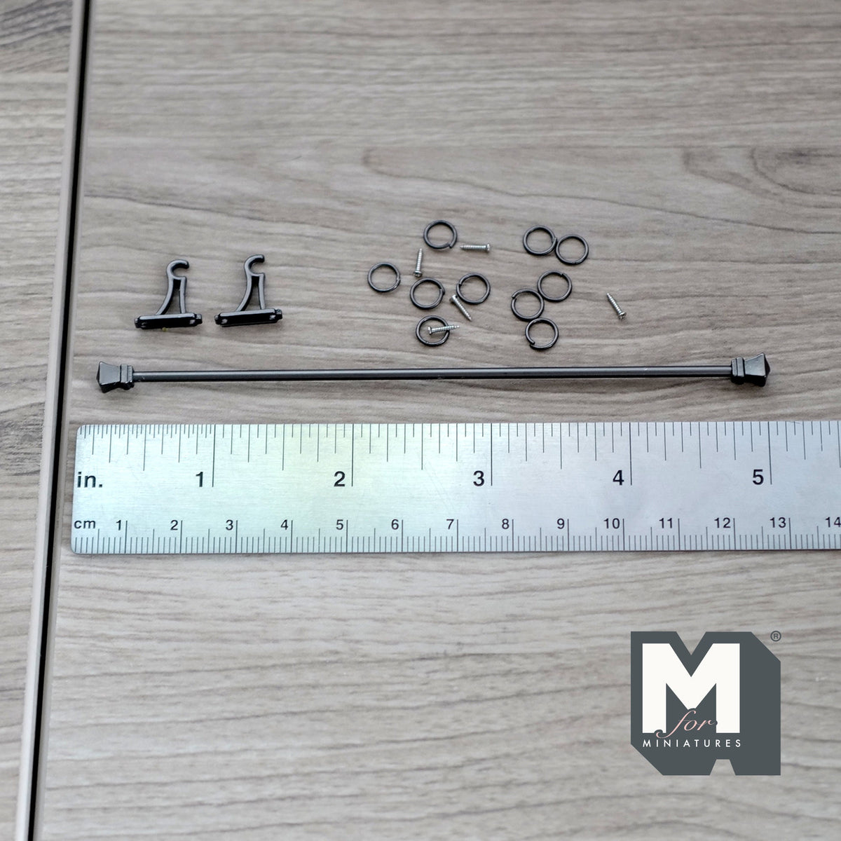 1:12 Scale Miniature Metal Curtain Rod with Rings and Brackets, 4-7/8 inch long, DIY Dollhouse Supply (dark gray)