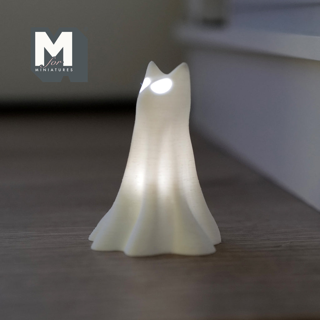 1:12 Scale Miniature Draped Ghost Cat, Standing, with 2 Micro LED Lights, 1-13/16 inch tall, DIY Dollhouse Supply (white)