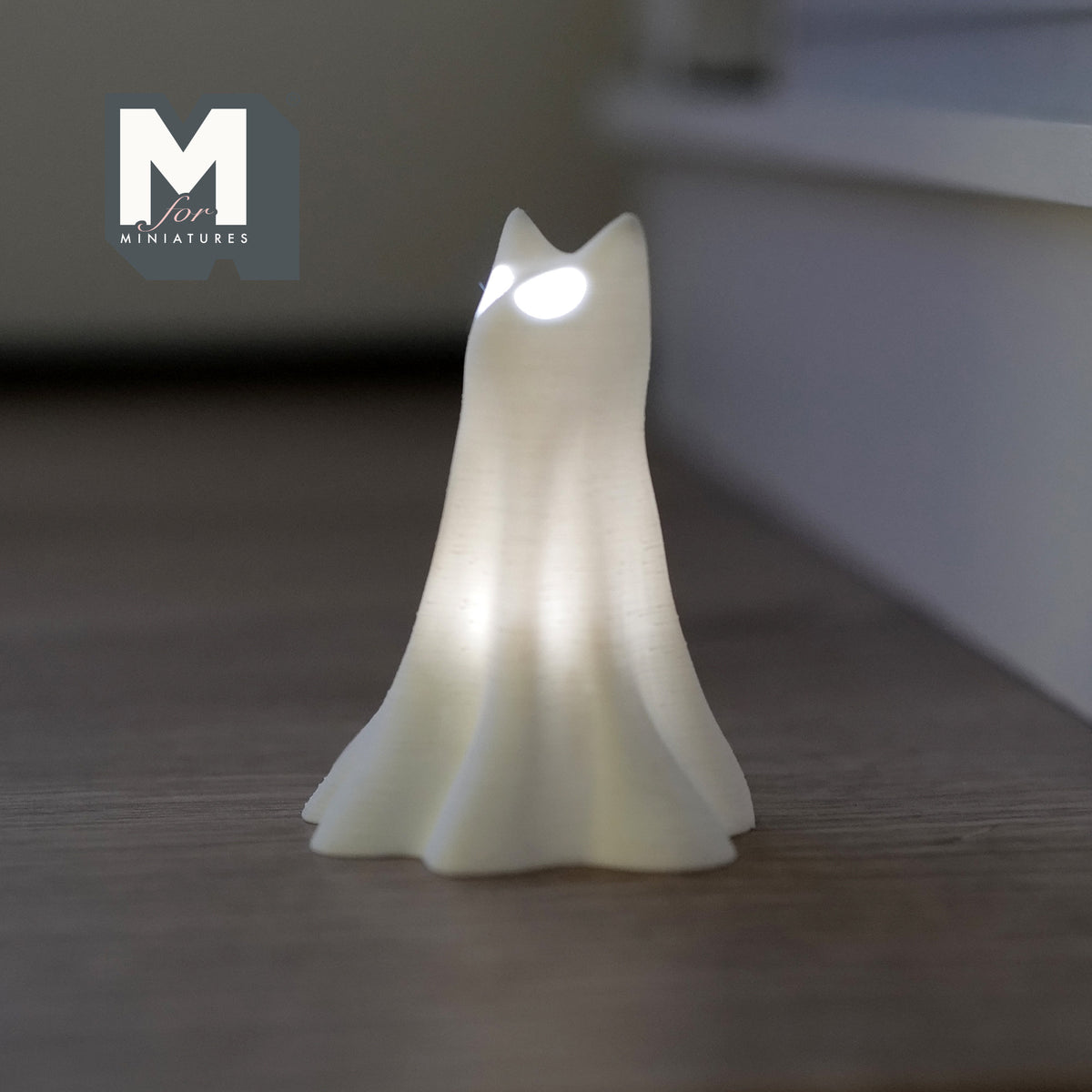 1:12 Scale Miniature Draped Ghost Cat, Standing, with 2 Micro LED Lights, 1-13/16 inch tall, DIY Dollhouse Supply (white)