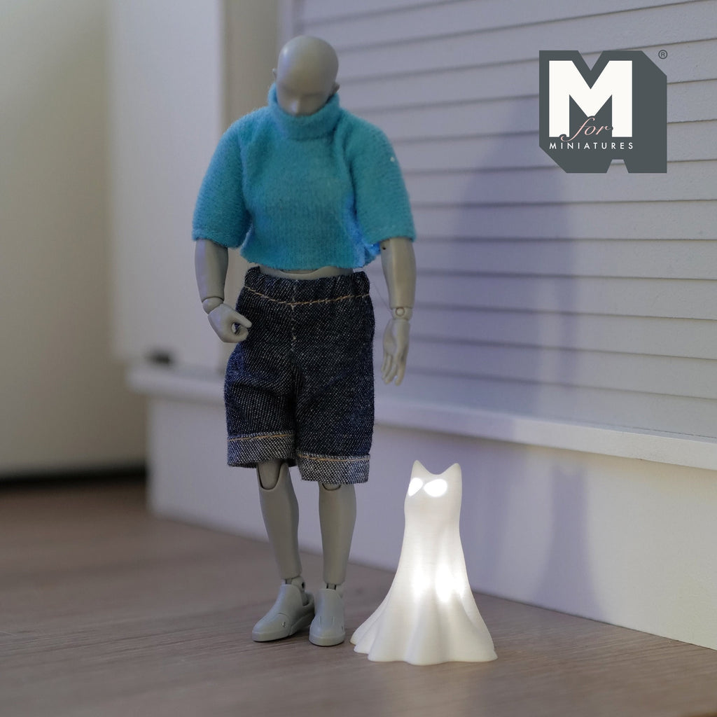 1:12 Scale Miniature Draped Ghost Cat, Standing, with 2 Micro LED Lights, 1-13/16 inch tall, DIY Dollhouse Supply (white)