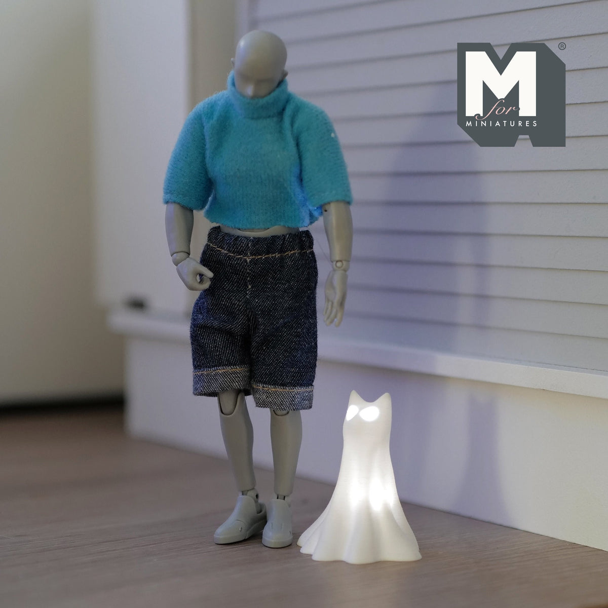 1:12 Scale Miniature Draped Ghost Cat, Standing, with 2 Micro LED Lights, 1-13/16 inch tall, DIY Dollhouse Supply (white)