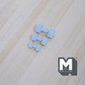 1:12 scale miniature metal hexagon dumbbells in light blue, set of 3, shown on a light wood surface