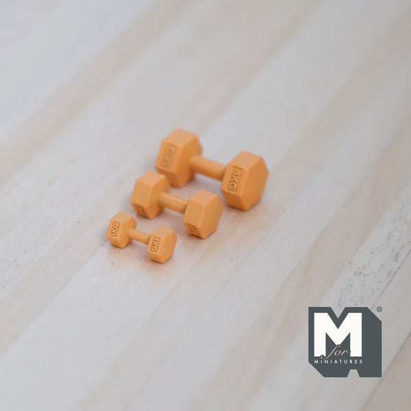 Miniature Hexagon Hand Weights 1:12 Scale Dollhouse Dumbbells Lifting Weights Set of 3 (metal) (orange) - G063