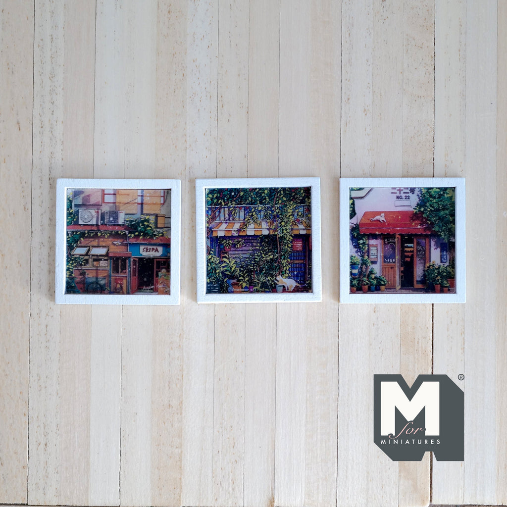 1:12 Scale Miniature Wood Framed Storefront Wall Art, Set of 3, 1-5/16 inch square, DIY Dollhouse Supply (white)