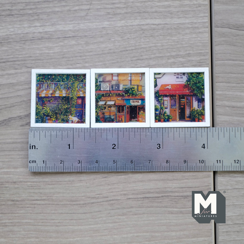 1:12 Scale Miniature Wood Framed Storefront Wall Art, Set of 3, 1-5/16 inch square, DIY Dollhouse Supply (white)