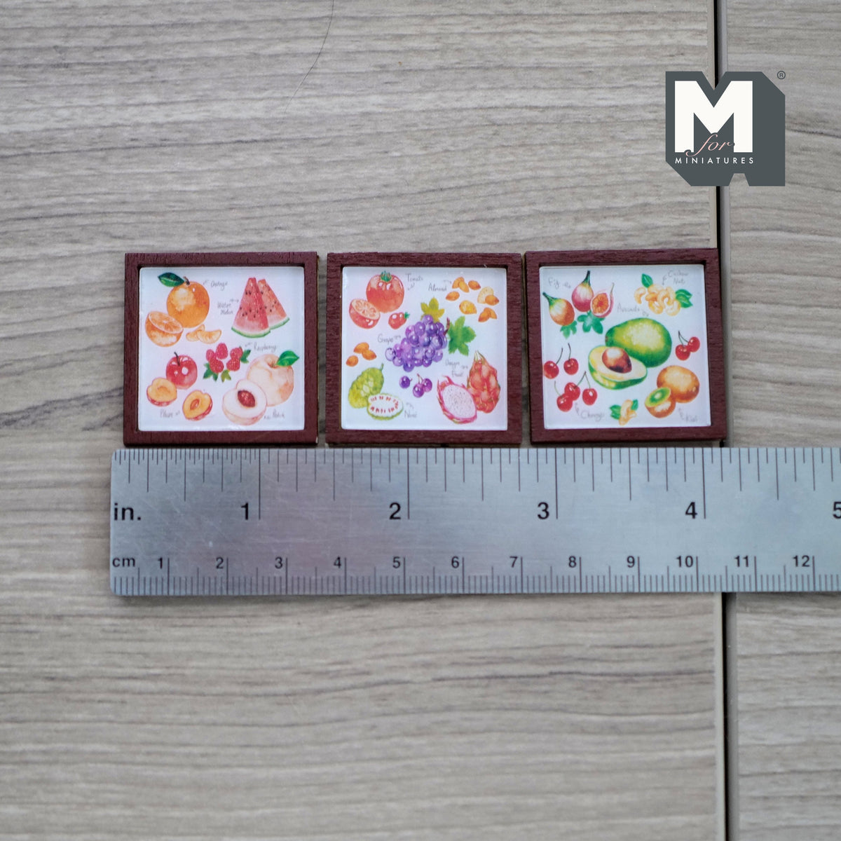 1:12 Scale Miniature Wood Framed Pit Fruit Wall Art, Set of 3, 1-5/16 inch square, DIY Dollhouse Supply