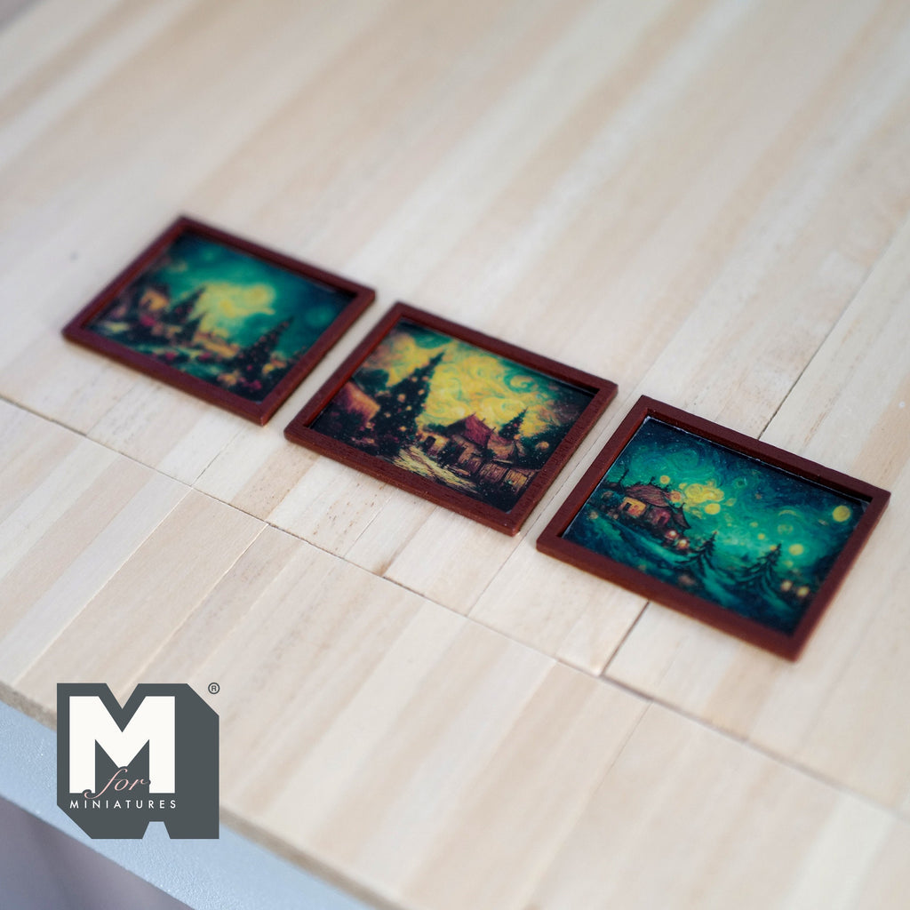 1:12 Scale Miniature Wood Framed Night Landscape Paintings, Set of 3, 1-15/16 inch wide, DIY Dollhouse Supply