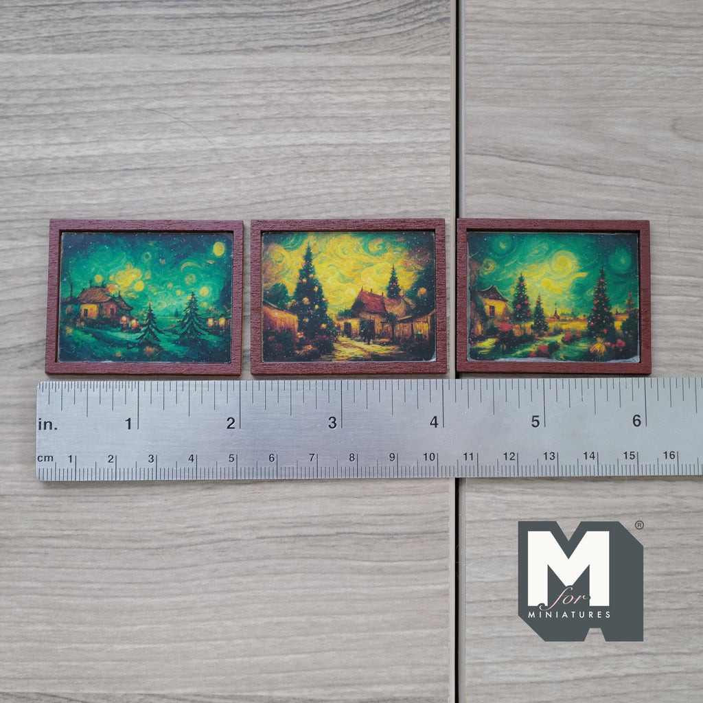 1:12 Scale Miniature Wood Framed Night Landscape Paintings, Set of 3, 1-15/16 inch wide, DIY Dollhouse Supply