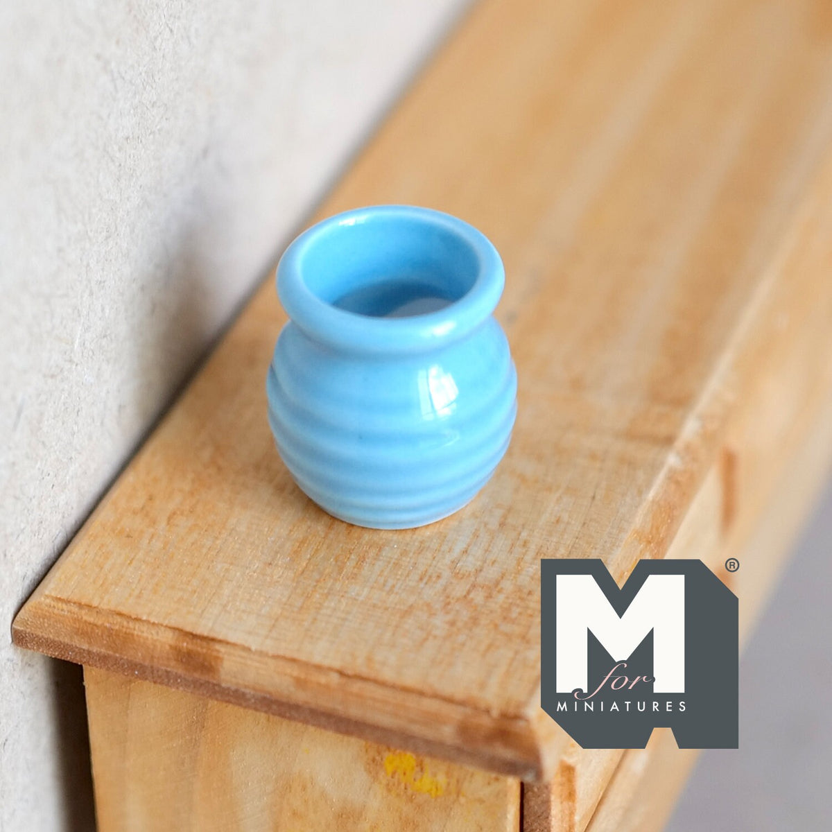 1:12 Scale Miniature Ceramic Flower Pot, Ribbed Sides, 7/8 inch tall, DIY Dollhouse Supply (light blue)