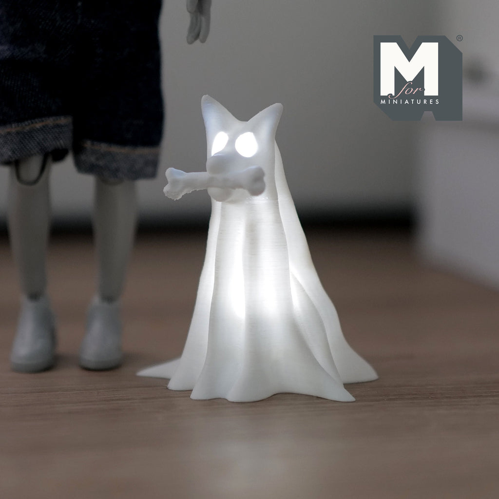 1:12 Scale Miniature Draped Ghost Dog with Bone and Micro LED Lights, 2-3/16 inch tall, DIY Dollhouse Supply (white)